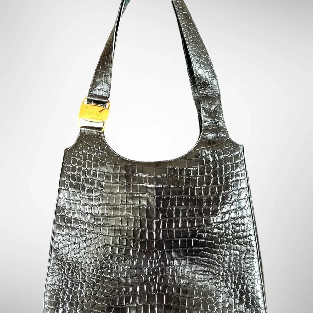Salvatore Ferragamo Black Crocodile-Embossed Shoulder Bag